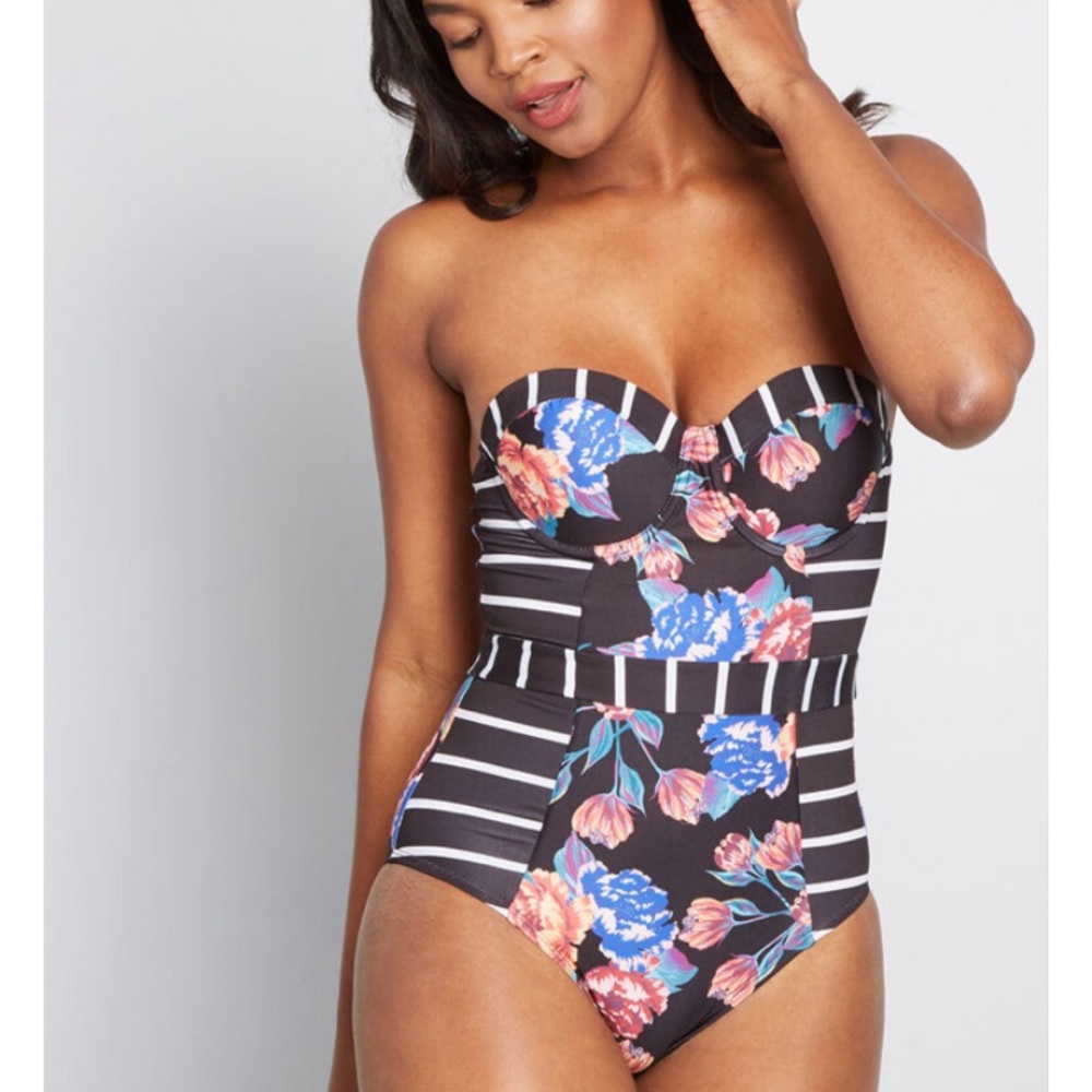 ModCloth Black Floral Stripped One-Piece Swimsuit - Picture 2 of 9